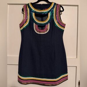 Queen of Sparkles NWOT Denim Rainbow Trim Cut Out Tank Dress. Size Large.